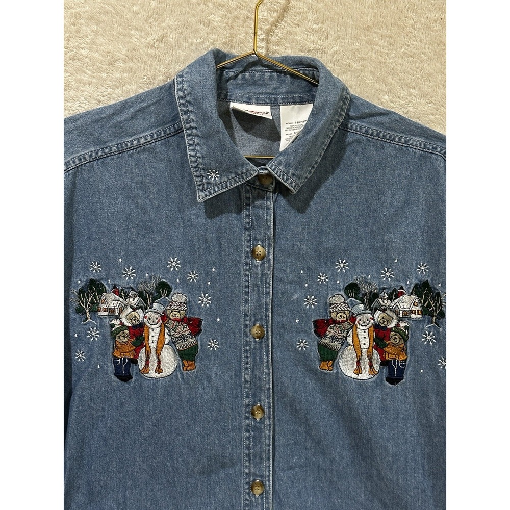 Christmas‎ Women's Denim Shirt Size  14W/16W Snowman Teddy Embroidery Button-Up
